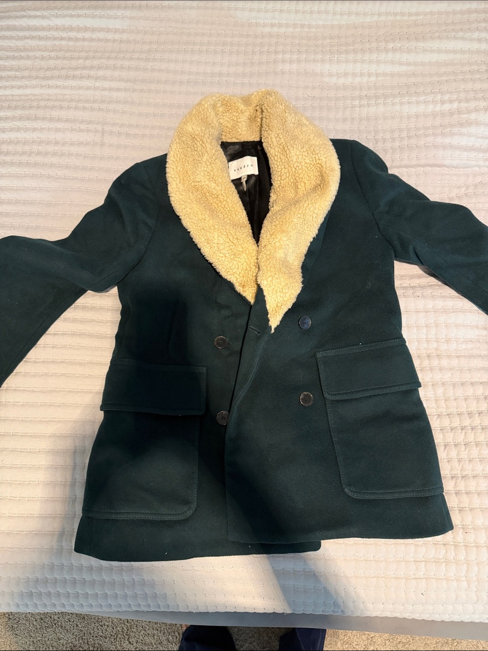 Sandro Women's Dark Green Peacoat with Cream Faux Shearling Collar